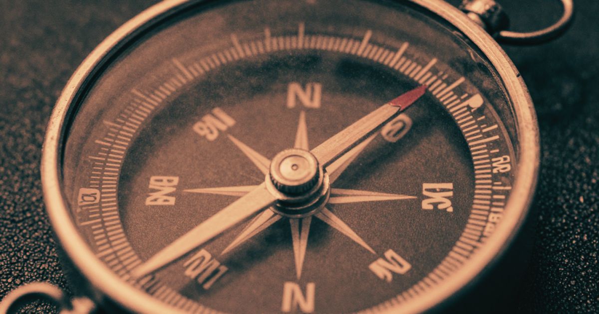 A single compass needle pointing precisely north, close-up on worn leather, sharp focus