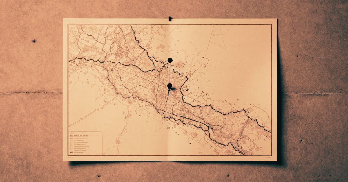 A single large map pinned to a bare concrete wall, one precise pin mark in an otherwise unmarked expanse