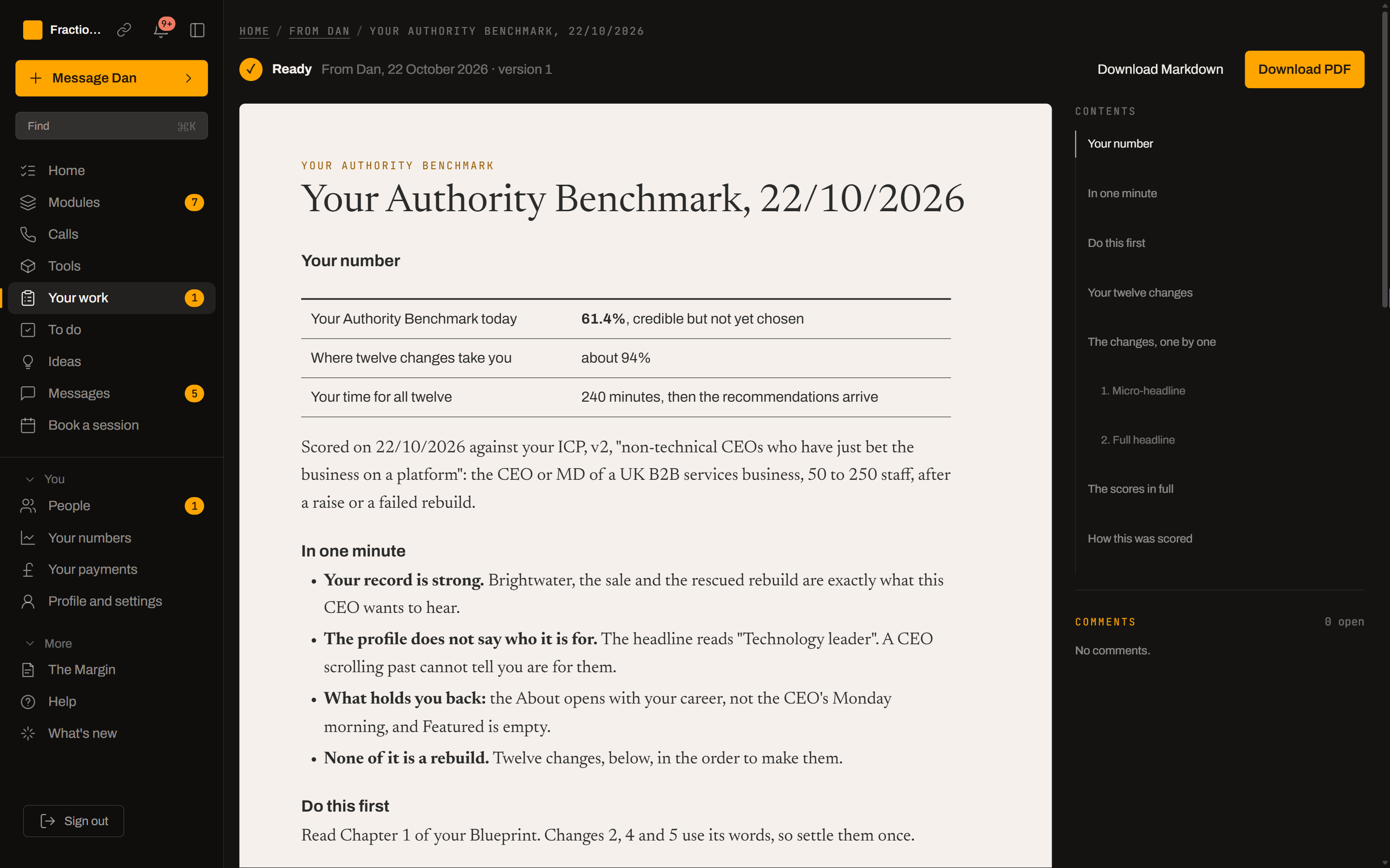 An Authority Benchmark: the score today, where twelve changes take it, and the time those changes take