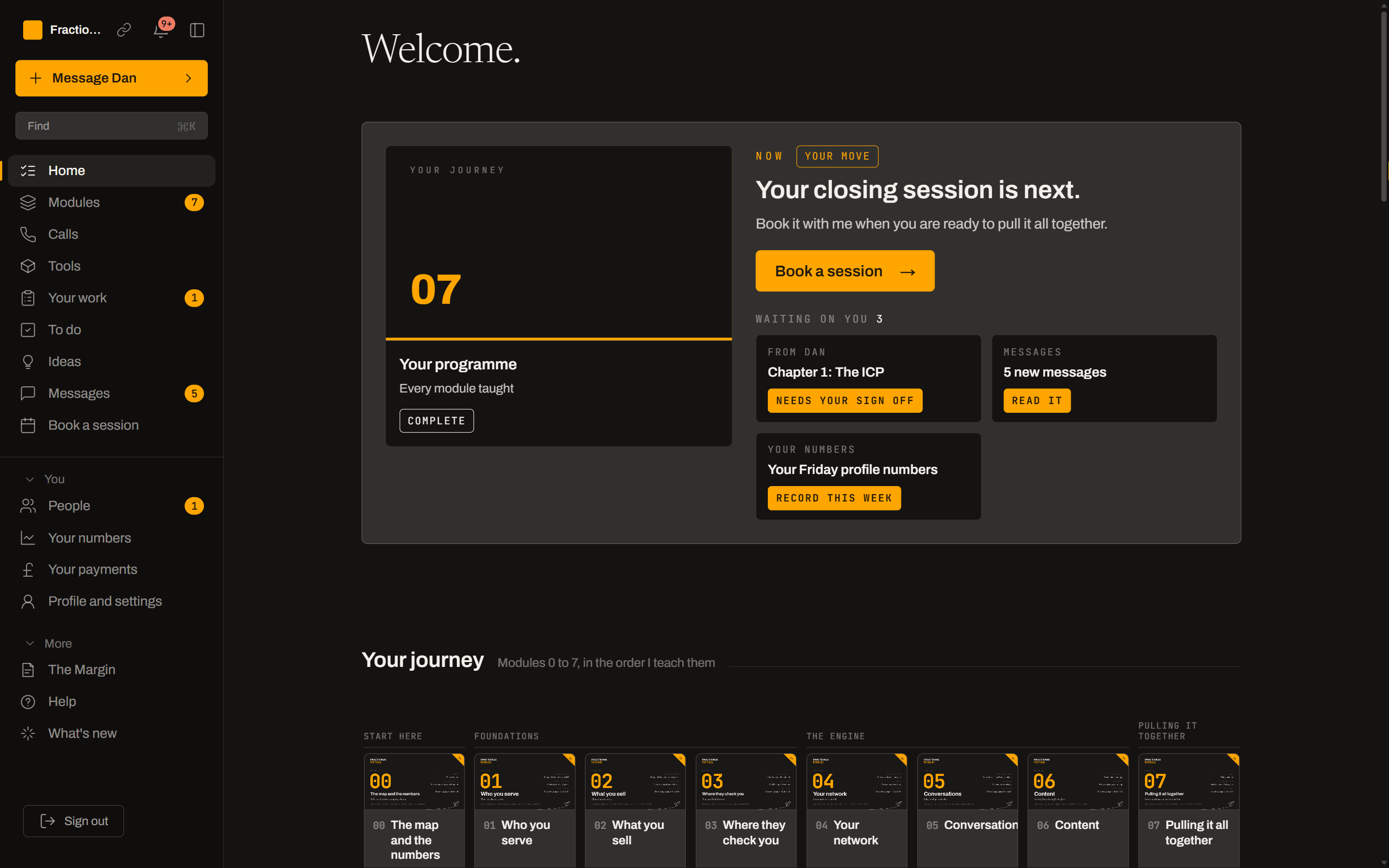 Home: the closing session is next, and Chapter 1 is waiting for sign off