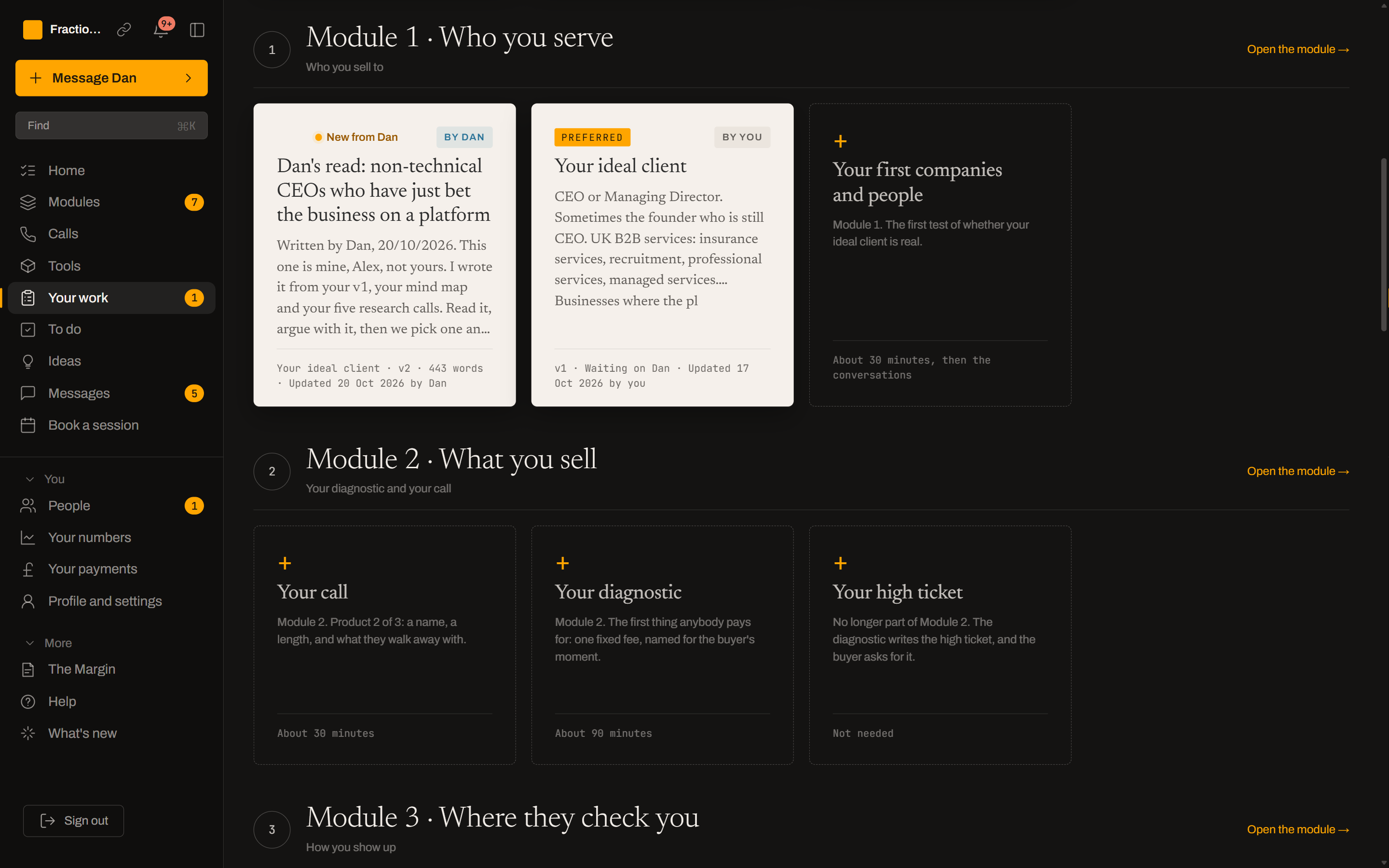 Module 1 on the platform: version 2 of the ideal client written by Dan, version 1 by the client