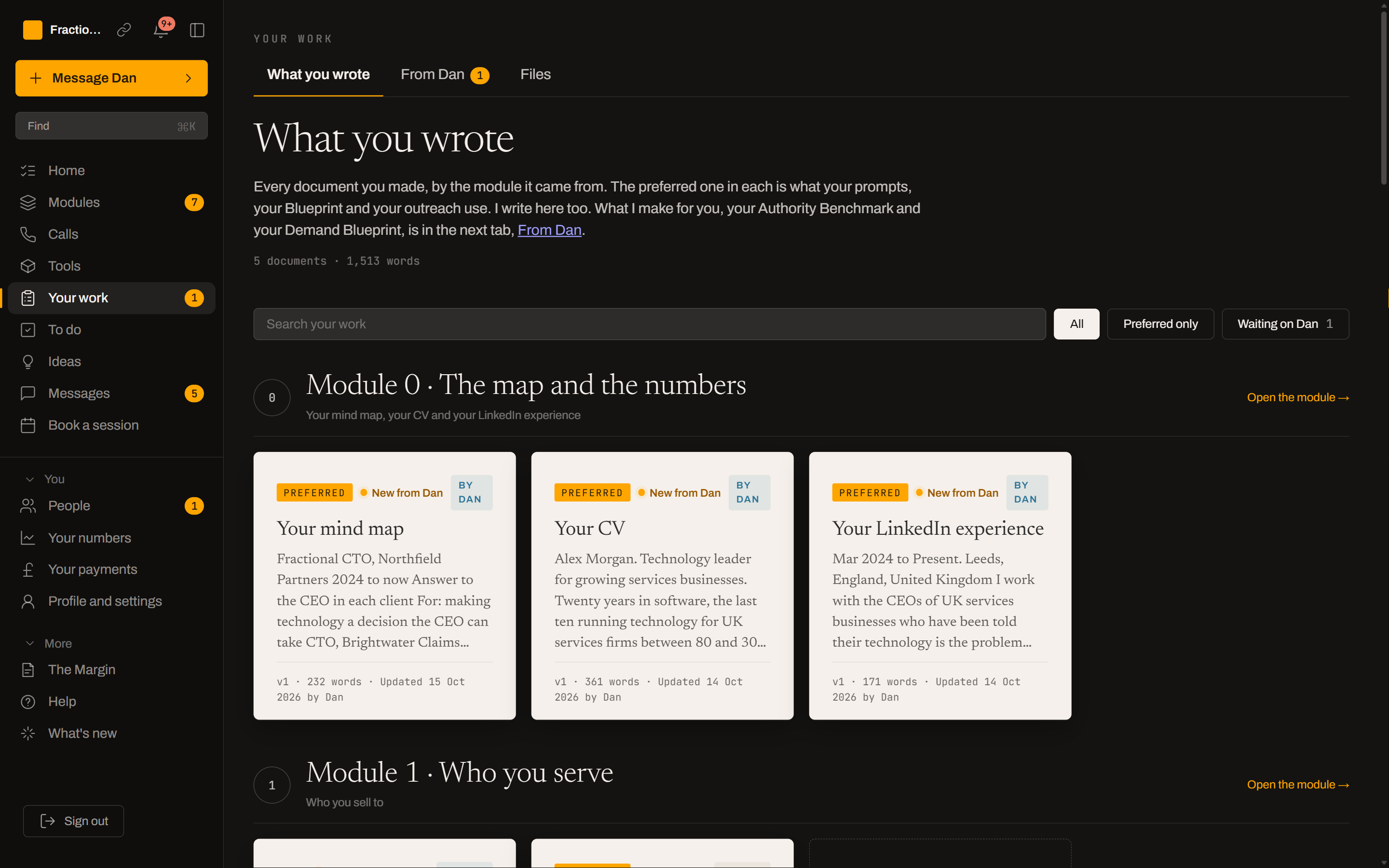Your work: the mind map, CV and LinkedIn experience, each brought in by Dan